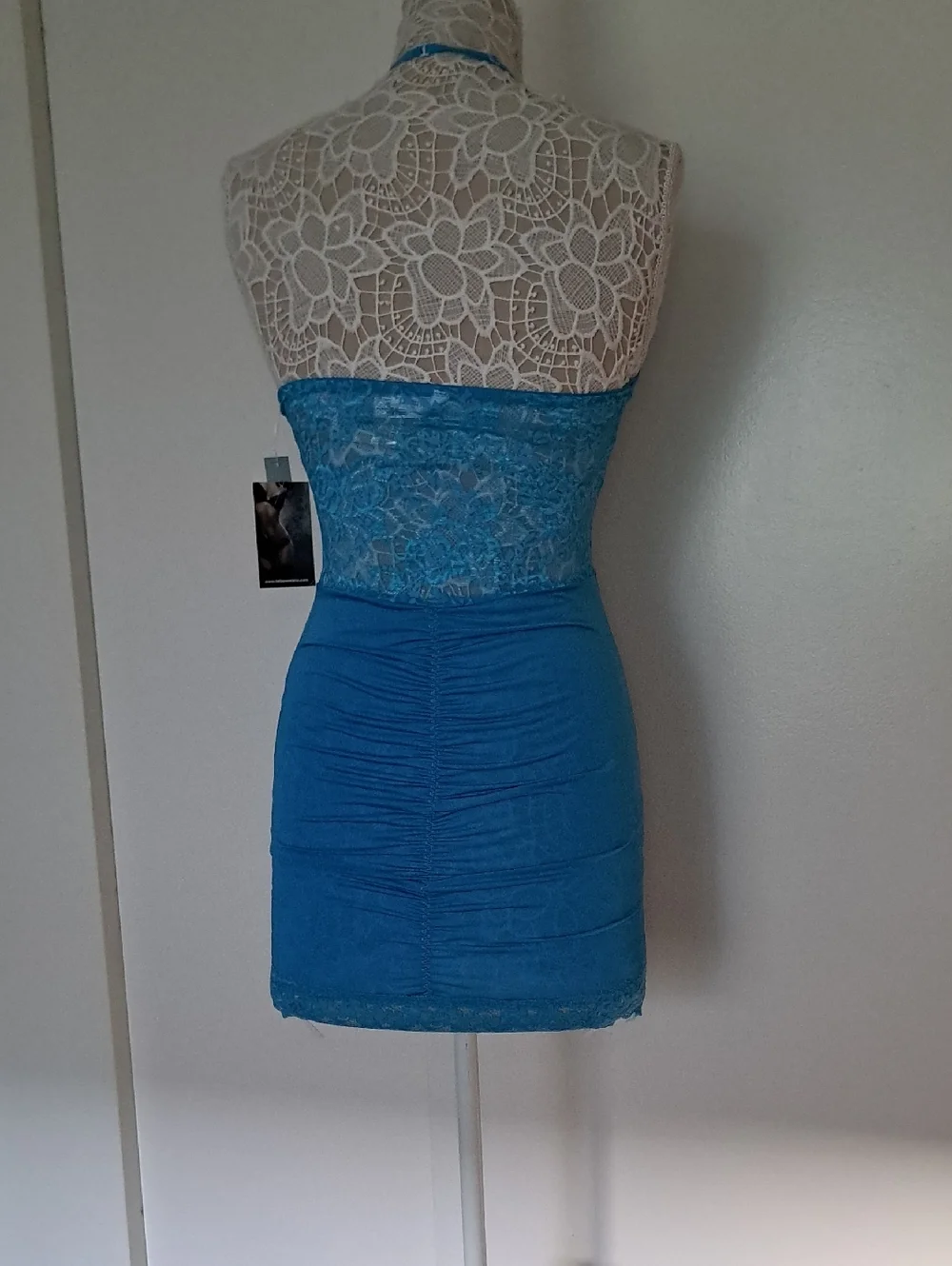 Coquette Lace Halter Chemise Mini Dress in Teal Blue